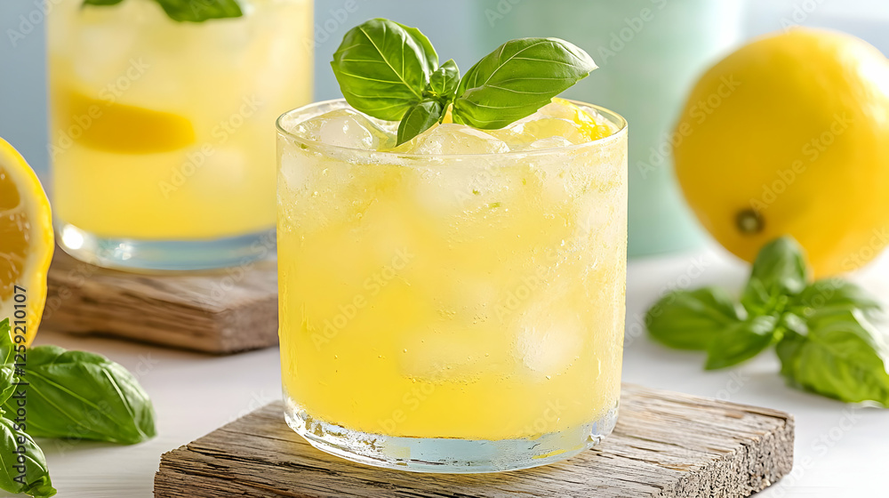 Fototapeta premium Refreshing lemon basil drink on wood, summer background