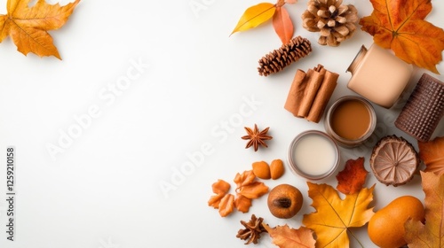 Autumn scented candles and decorative items on a light background. Generative AI photo