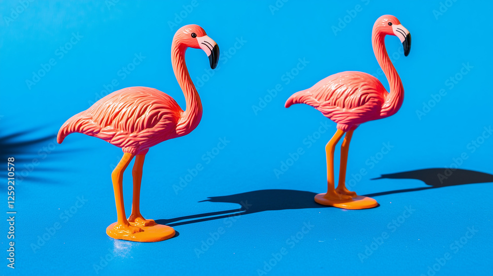 Fototapeta premium Two flamingo figurines on a vibrant surface, symbolizing elegance and simplicity in a bold color palette