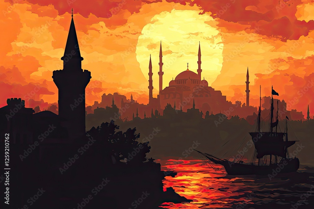 Naklejka premium Maiden Tower and historic peninsula in Istanbul in foreground, silhouette of Sultanahmet Mosque, with generative ai
