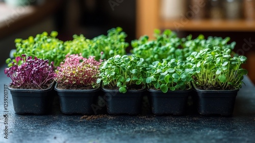 Fresh Microgreens Growing in Small Containers on a Wooden Table. Generative AI
