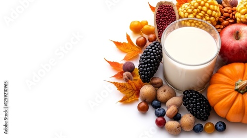 Autumn harvest with milk fruits and seasonal ingredients. Generative AI photo