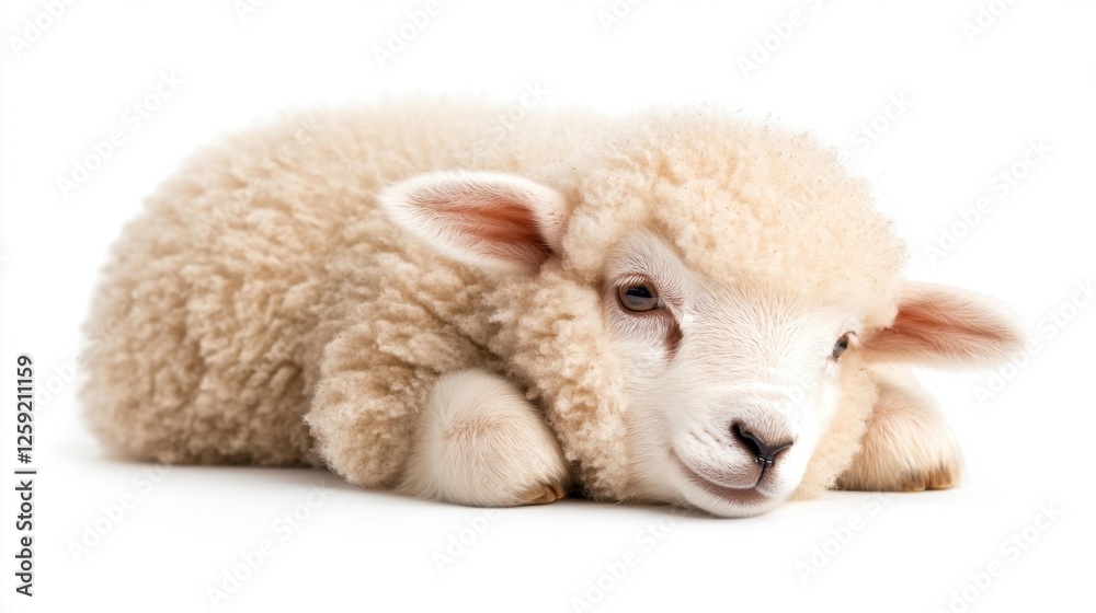 Cute Lamb Lying on a White Background. Generative AI