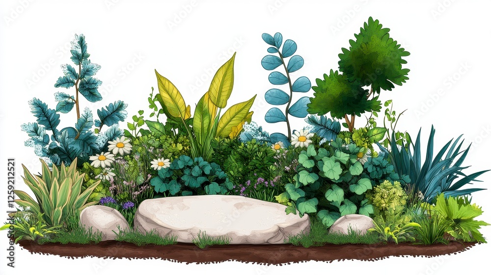 Fototapeta premium Lush Garden Border with Diverse Plants and Rocks