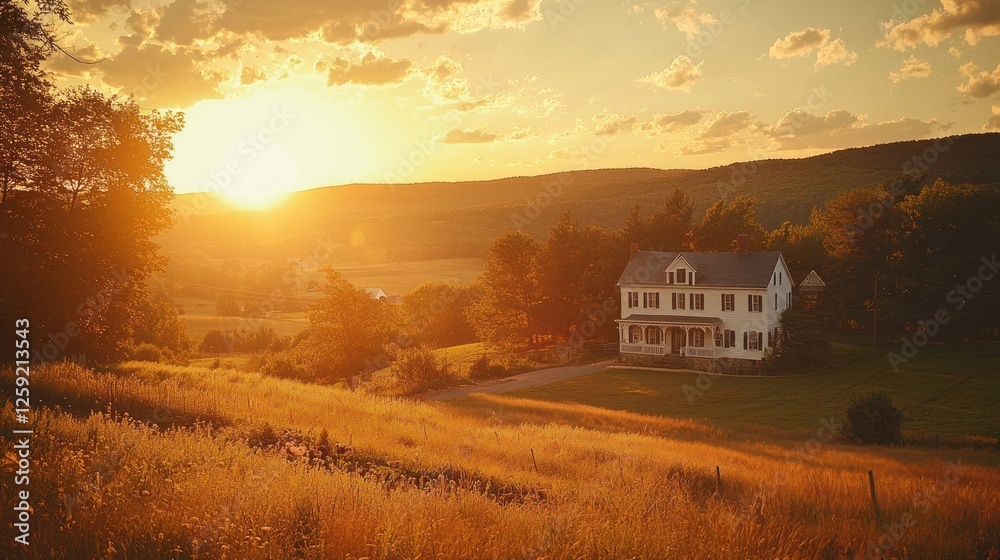 Golden Sunset Over Hilltop Farmhouse And Rolling Fields Golden Sunset Over Hilltop Farmhouse And Rolling Fields
