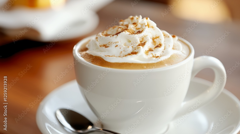Creamy Cappuccino In White Cup On Wooden Table Creamy Cappuccino In White Cup On Wooden Table