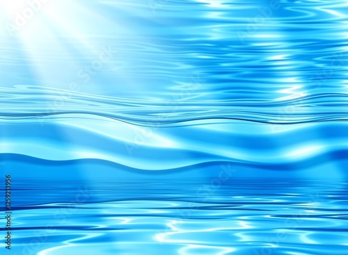 an image of a blue ocean with waves and sunbeams, there is a blue water surface with waves and sun shining photo