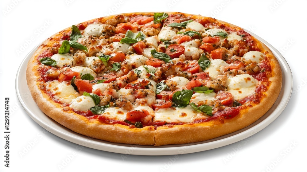 A delicious Margherita pizza topped with mozzarella, fresh tomatoes, and basil leaves, presented on a white plate with a white background for a clean, elegant look. A delicious Margherita pizza topped with mozzarella, fresh tomatoes, and basil leaves, presented on a white plate with a white background for a clean, elegant look.
