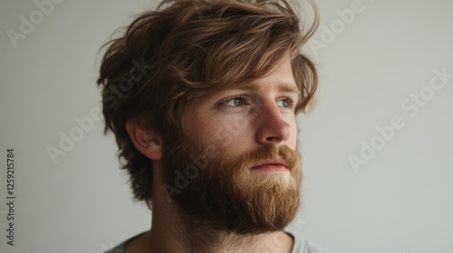 A man with a well-groomed beard and a textured, messy hairstyle, showcasing a relaxed and casual look with natural volume and movement.