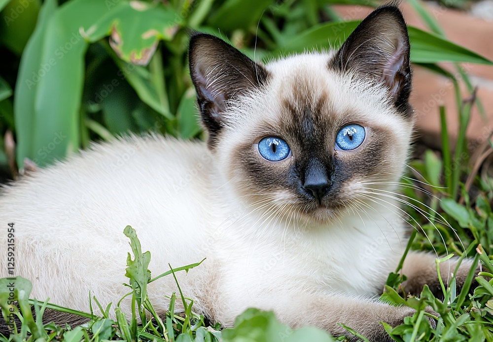 Cute Kitten Lying On Grass With Blue Eyes Cute Kitten Lying On Grass With Blue Eyes