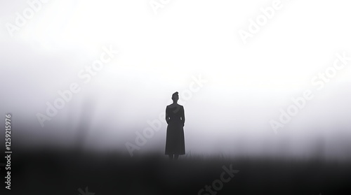 Silhouette of Solitary Woman Standing in Foggy Landscape in Black and White