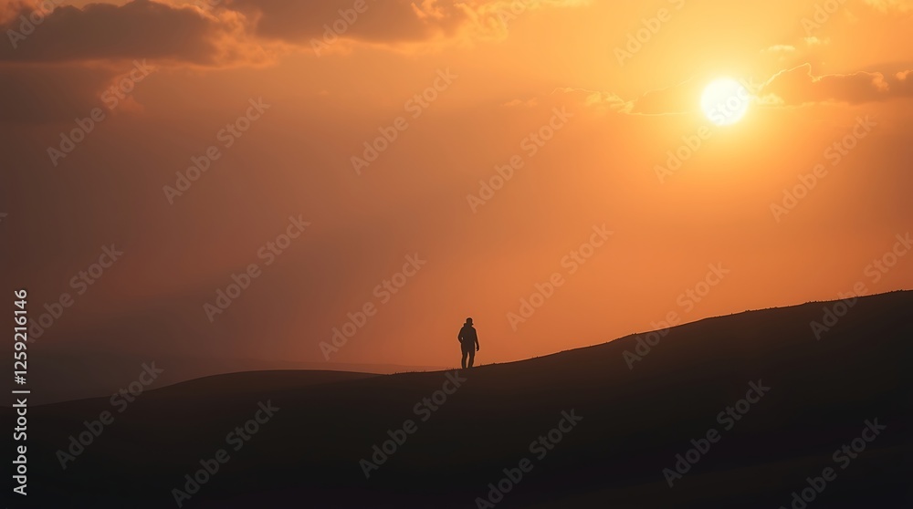 Person Walking on Hill at Sunset with Warm Golden Light