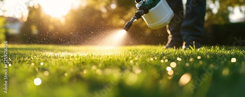 Gardener applying herbicide to lush green lawn at sunset