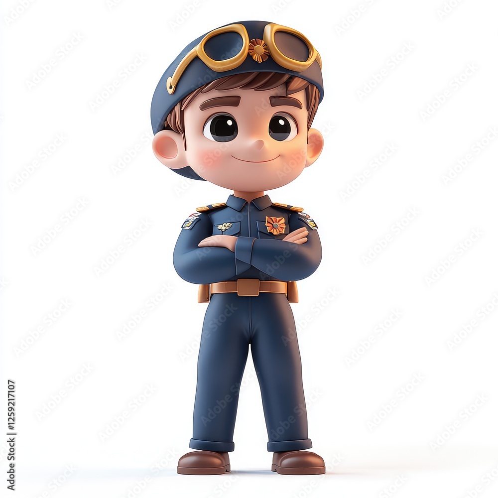 Adorable 3D Render of a Confident Young Pilot: A Charming Cartoon Character in Uniform Adorable 3D Render of a Confident Young Pilot: A Charming Cartoon Character in Uniform