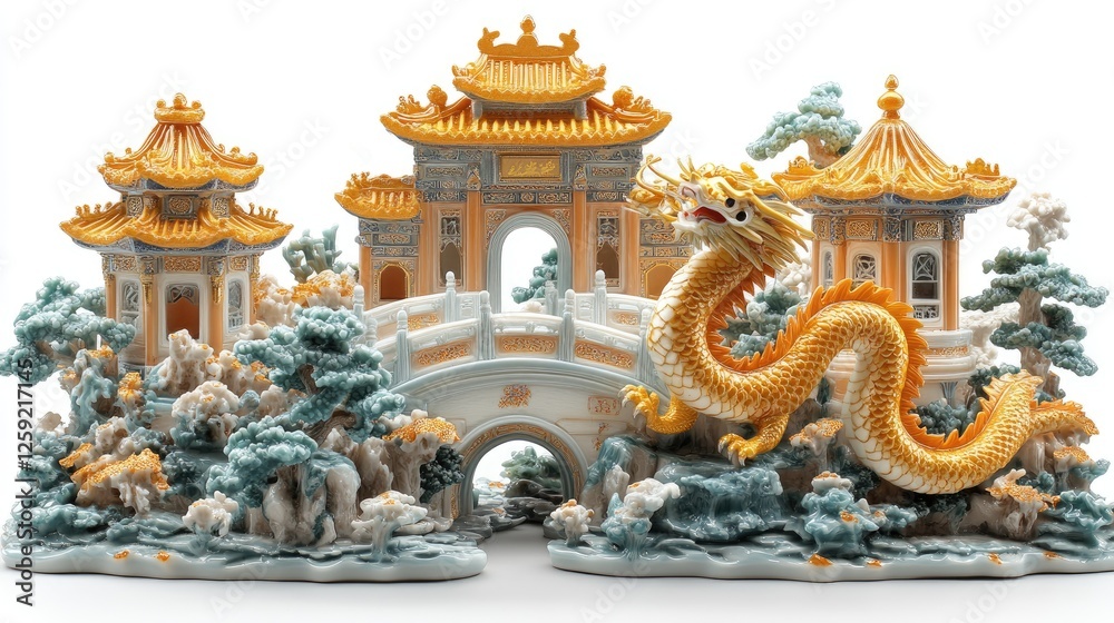 Obraz premium Golden Dragon Porcelain Pagoda Scene