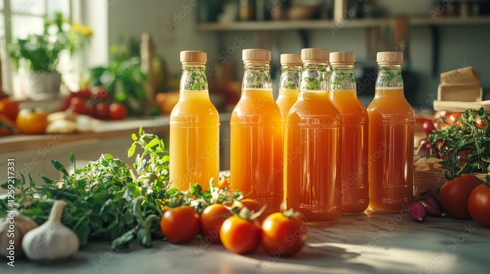 Bottles of homemade tomato juice arranged in a kitchen setting, surrounded by fresh tomatoes, garlic, and herbs, conveying the idea of organic, homegrown products. Bottles of homemade tomato juice arranged in a kitchen setting, surrounded by fresh tomatoes, garlic, and herbs, conveying the idea of organic, homegrown products.
