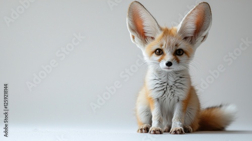 tiny fennec fox cub sits quietly its large ears twitching as it listens intently. soft golden sand colored fur and tiny black nose highlight its curious nature.