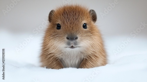 tiny capybara pup sits adorably on clean white background. Its round body features short plush fur while its eyes and small ears add its irresistible charm.
