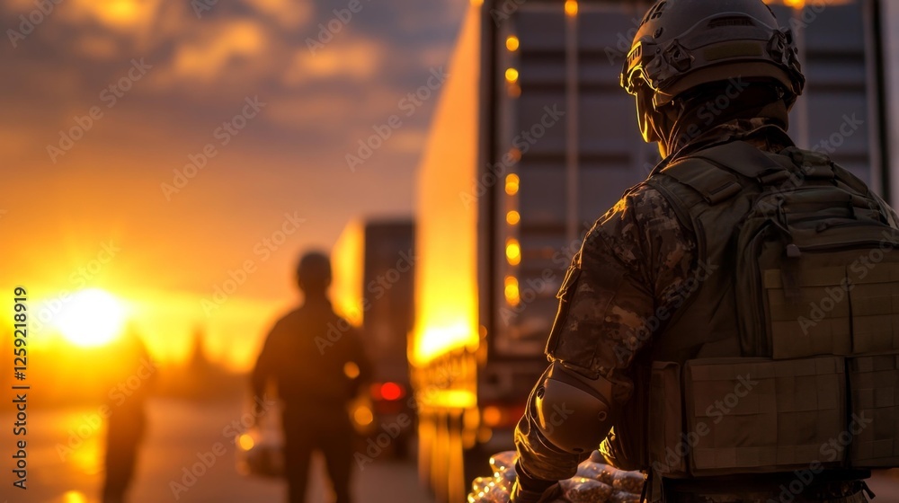 Fototapeta premium Soldiers unloading supplies at sunset in a military operation. Generative AI