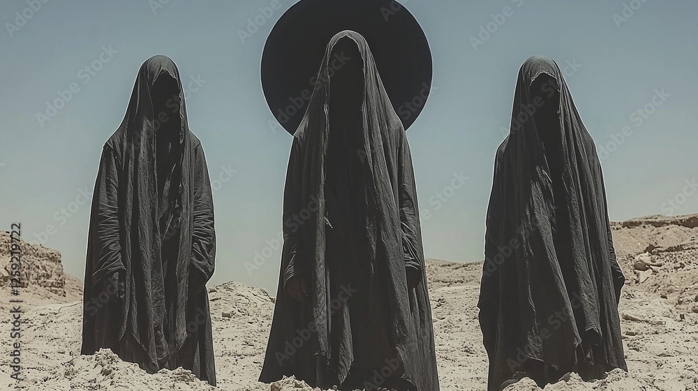 Hooded figures gather around dark altar beneath eclipsed black sun. Their chants echo in ancient language as dark energy pulses from altar revealing looming dread.