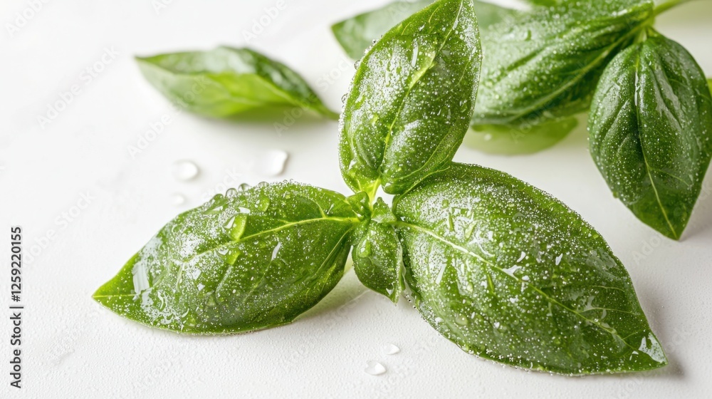 Obraz premium Fresh Basil Leaves with Water Droplets on White Surface