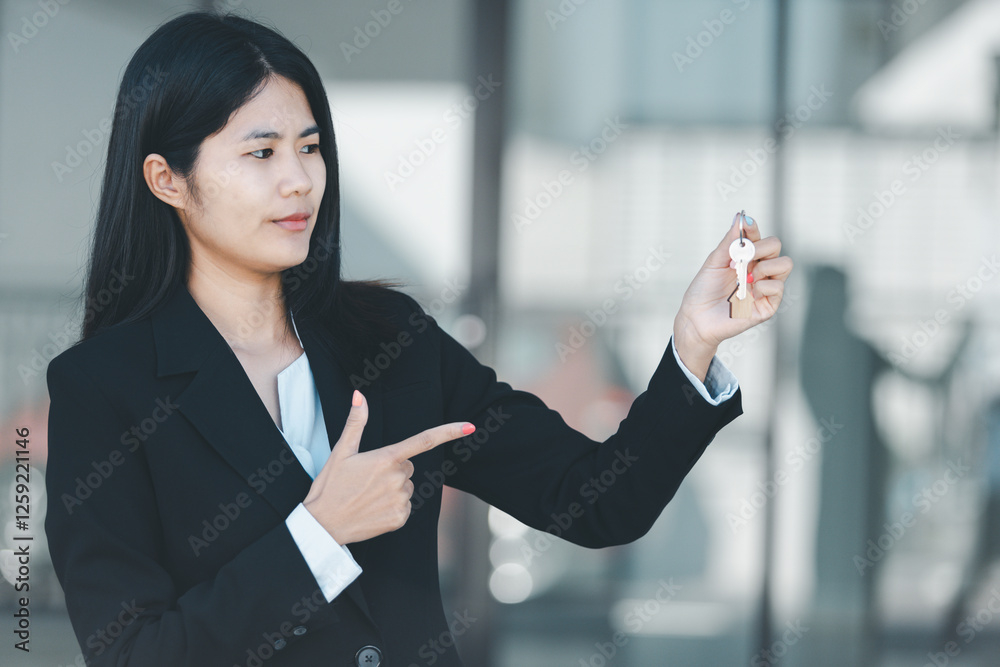 Woman hand hold key buy home model business concept involves sell financial management investment bank loan ownership income economy finance investments purchasing apartment blur background estate Woman hand hold key buy home model business concept involves sell financial management investment bank loan ownership income economy finance investments purchasing apartment blur background estate