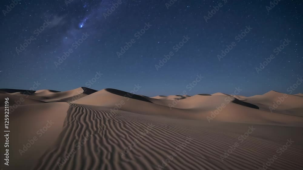 Starry night over desert dunes captures majestic sand waves under milky way