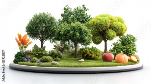 3D Rendering of a Miniature Garden with Trees Fruits and Plants. Generative AI