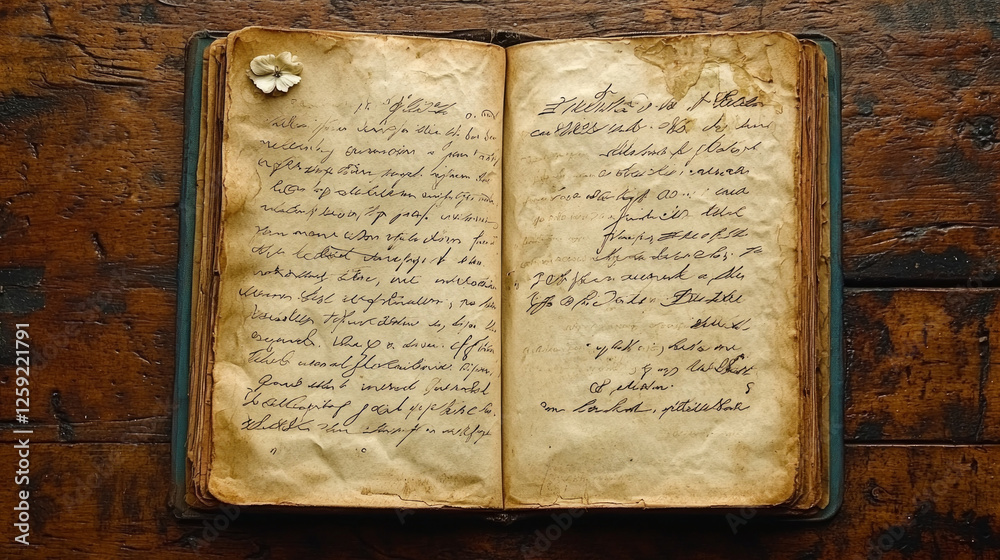 Obraz premium open scrapbook reveals treasured memories of Eid al Fitr handwritten notes vintage postcards and pressed flowers. nostalgic display celebrates family traditions and unity.