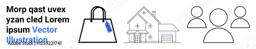 Handbag with price tag, suburban house sketch, and a group of three outlined people. Ideal for retail, home, community, business, real estate shopping and social relations. Flat landing page banner