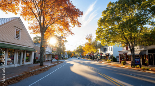 charming small town main street during fall, featuring vibrant orange leaves and warm sunlight. scene evokes peaceful, nostalgic atmosphere