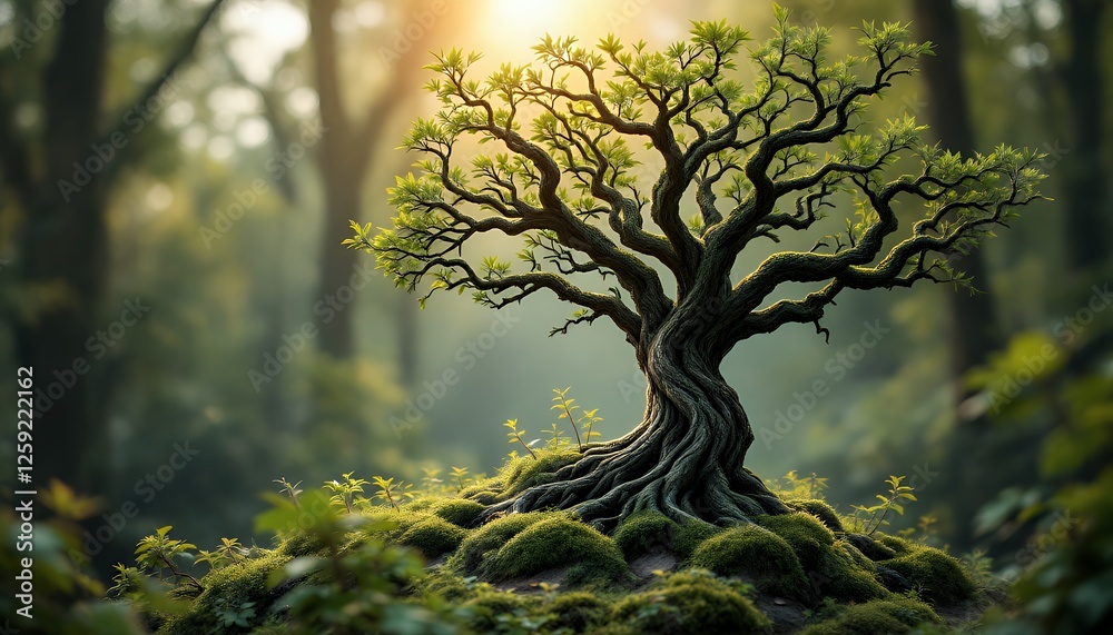 Fototapeta premium Unique Tree with Twisted Trunk and Green Leaves in Forest Sunlight