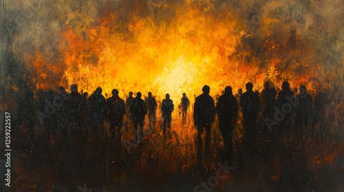 Translucent souls ascend from fiery purgatory guided angels radiant golden light. stark contrast symbolizes pain and redemption in powerful depiction of afterlife.