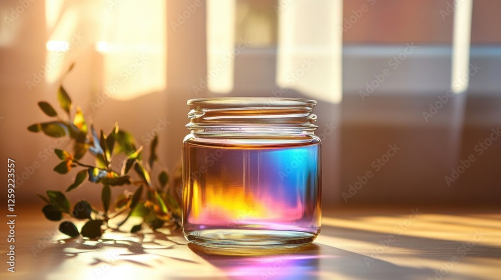 Colorful Glass Jar with Reflections and Natural Light on Wooden Table Surrounded by Greenery Colorful Glass Jar with Reflections and Natural Light on Wooden Table Surrounded by Greenery