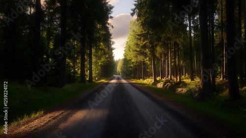 Sunlit Forest Road: A Serene Journey Through Nature's Embrace