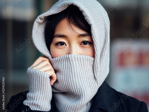 an image of a woman wearing a hood and a scarf, there is a woman wearing a hood and a scarf photo