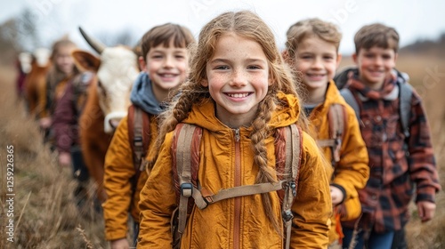 Happy children on a nature walk with cows.