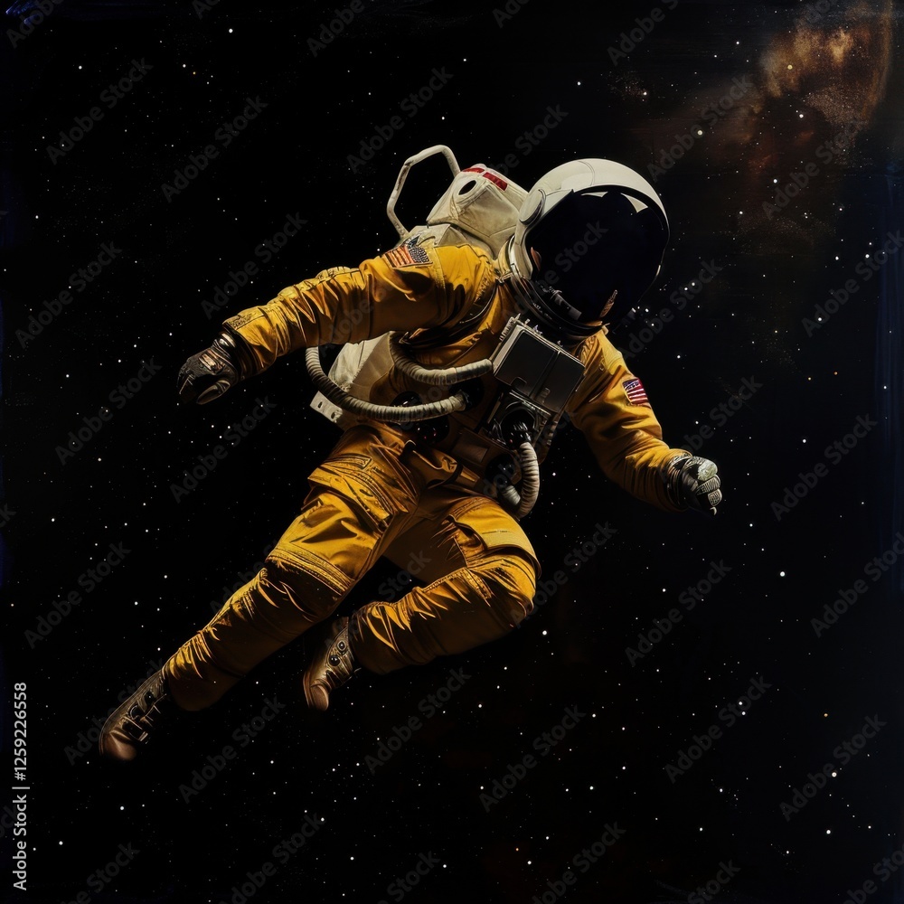 Astronaut in Yellow Spacesuit Explores Dark Space Environment Astronaut in Yellow Spacesuit Explores Dark Space Environment