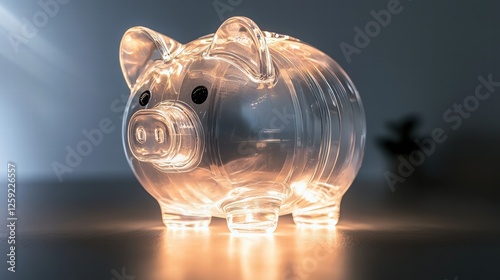 Transparent Piggy Bank Illuminated with Light in Minimalist Setting Evoking Financial Budgeting Concepts photo