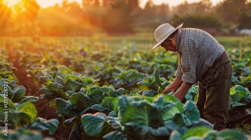 Elderly farmer tending cabbages in golden sunrise light photo