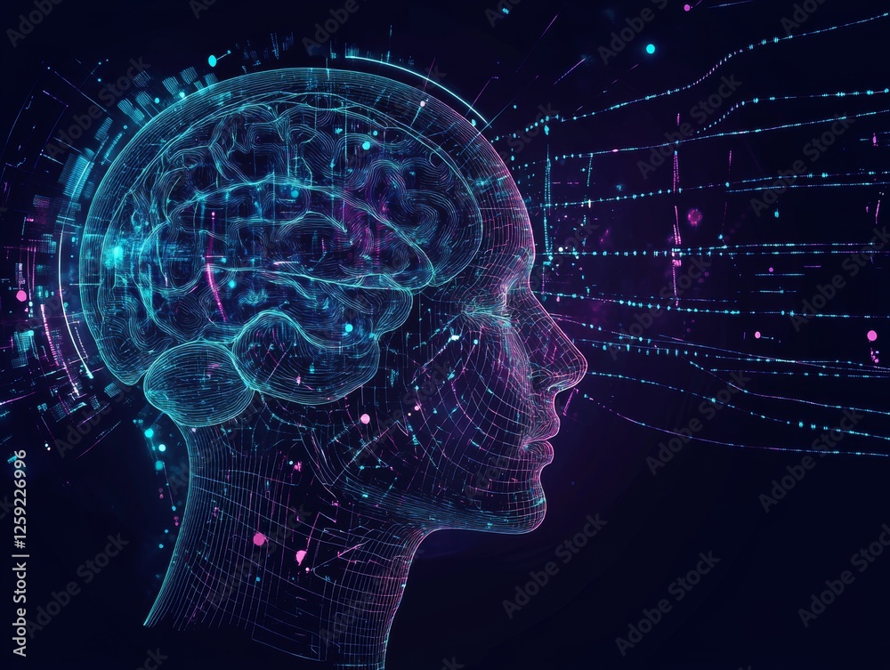 Digital brain, abstract human head, data streams, futuristic technology Digital brain, abstract human head, data streams, futuristic technology