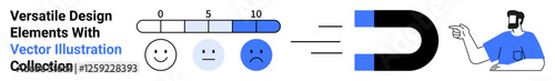 User feedback scale with neutral, happy, and sad faces, magnet symbol attracting a man pointing. Ideal for customer experience, engagement, loyalty, marketing, branding education flat landing page