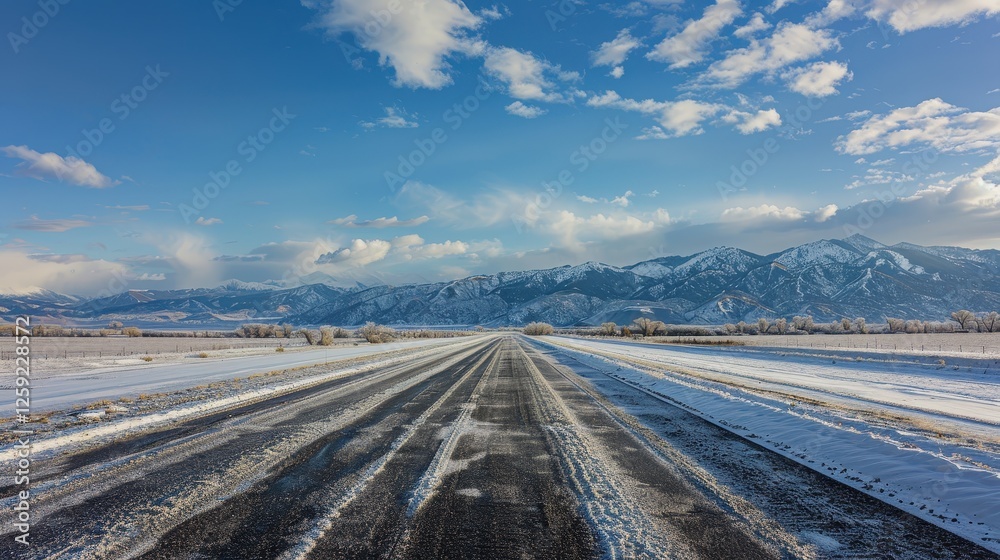 Scenic Asphalt Road with Snowy Mountains Under a Blue Sky Scenic Asphalt Road with Snowy Mountains Under a Blue Sky