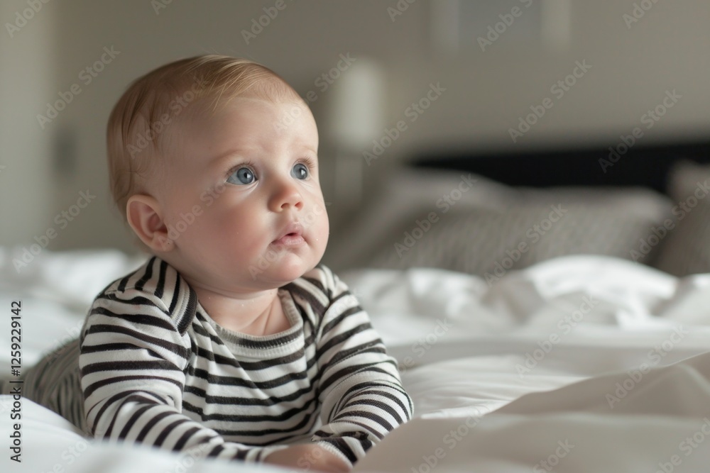 Pensive baby in striped onesie rests peacefully on bed in gentle natural light Pensive baby in striped onesie rests peacefully on bed in gentle natural light
