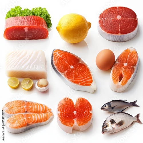 healthy Colorful Display of Fresh Fish and Seafood Varieties Spread Across a Wooden Table Evoking a Sense of Abundance and Culinary Delight in a Market food