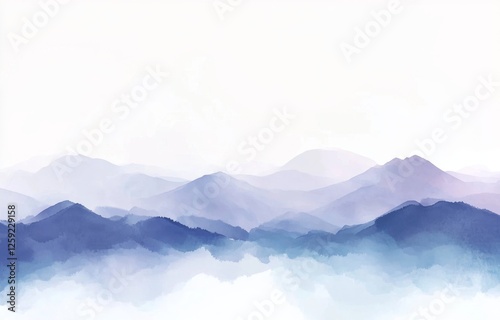 Misty Mountain Range Watercolor Landscape photo