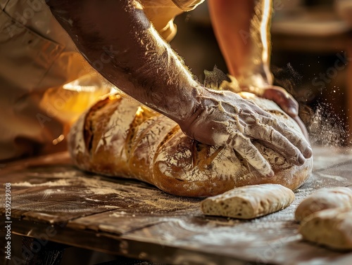 Baker arranging artisan bread on rustic wooden table in soft natural lighting
