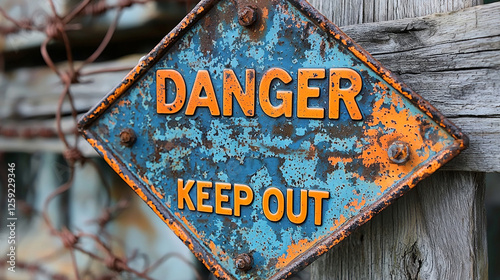 Rusty and scratched weathered metal sign reading Danger Keep Out is mounted on old wooden fence barbed wire reflecting sense of caution and history.