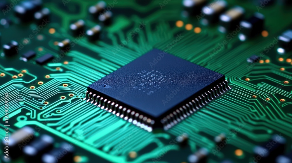 Detailed close-up of a microchip on a circuit board technology lab high-tech environment macro for innovation exploration Detailed close-up of a microchip on a circuit board technology lab high-tech environment macro for innovation exploration
