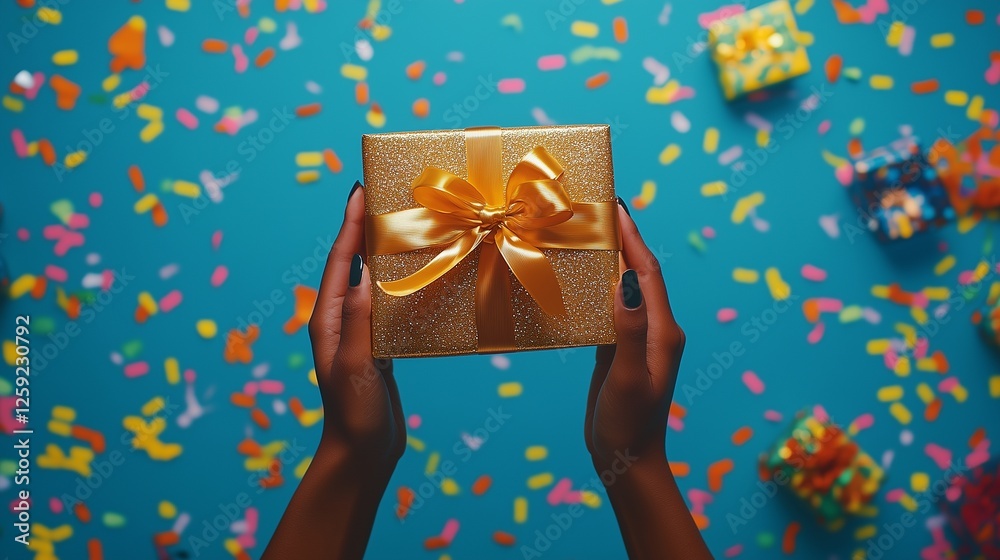 Woman's hands holding gold gift box. Woman hands gift to a woman in a box. Greeting card with confetti on blue background for holidays. A woman's hands grasping a golden lifestyle gift box. Woman's hands holding gold gift box. Woman hands gift to a woman in a box. Greeting card with confetti on blue background for holidays. A woman's hands grasping a golden lifestyle gift box.